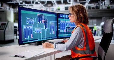 Gelişmiş Bilgisayar Teknolojisi Verimlilik İçin Fabrika İşlemlerini Denetleyen Kadın