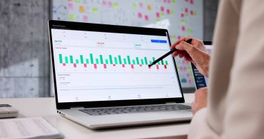 Bütçe yönetimi için bilgisayardaki kadın takip cihazı uygulamasını kullanıyor. Borç İçin Bilgisayarda Muhasebeci İzleme Finansmanı