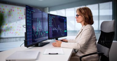 Modern Ofiste Bilgisayar Verilerini Analiz Eden Yaşlı Kadın.