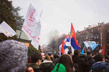 Cacak, Sırbistan - 13 Şubat 2025: Cacak 'tan Kragujevac' a öğrenci yürüyüşü. Devlet yetkililerinden Kasım 2024 'te Novi Sad' daki beton bir tepe örtüsünün düşmesiyle meydana gelen 15 kişinin ölümünün sorumluluğunu üstlenmeleri isteniyor..
