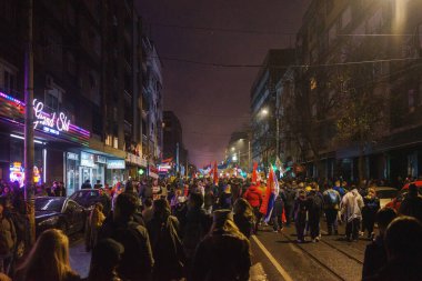 Belgrad, Sırbistan - 15 Mart 2025: Şehir merkezindeki vatandaşlara karşı büyük bir öğrenci protestosu. İnsanlar Novi Sad 'da ölenlerin sorumluluğunu üstleniyor..