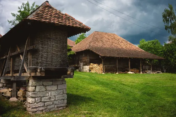 Sırbistan 'ın merkezinde eski bir kırsal ev, bir çiftlik evi ve baharda bahçeli bir ahşap kulübe.