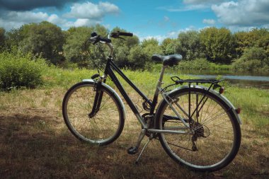 Nehir kenarındaki çimlerin üzerinde şehir bisikletleri, güneşli yaz günü.