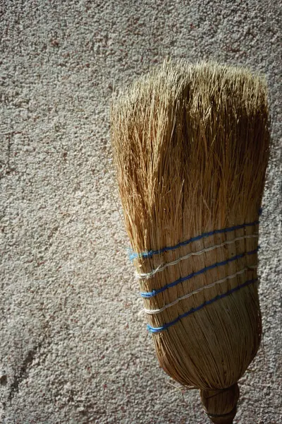 Eski bir duvarın önündeki süpürge başı, yakın görüntü, boşluğu yan tarafa kopyala.