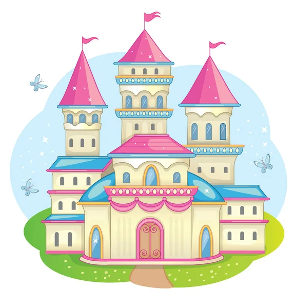 公主的童话城堡魔法王国美丽的风景与古老的城堡和草地 孤立的背景 女孩的玩具 梦幻岛儿童卡通画 浪漫的故事B — 图库矢量图片#