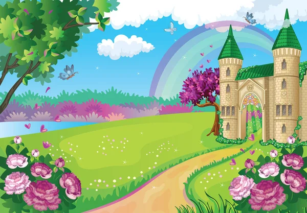 Fairytale Background Flower Meadow Wonderland Princess Castle Rainbow Fabulous Landscape — Stock Vector