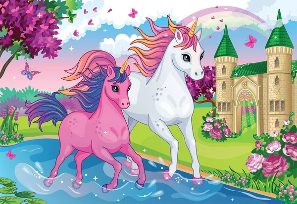 Set Group Beautiful Unicorns Fairy Tale Background Princess Castle Horse — Vector de stoc