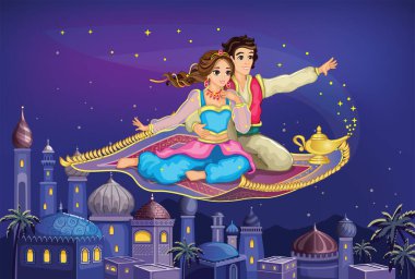 East Princess and Aladdin on magic carpet. Fairytale Arabic landscape with Mosque. Muslim Cityscape. Cartoon Wallpaper. Cute doll or toy. Fabulous background. Wonderland. Children illustration. Vector clipart