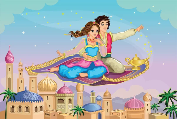 East Princess Aladdin Magisch Tapijt Sprookjesachtig Arabisch Landschap Met Moskee — Stockvector