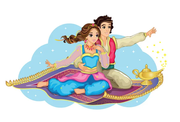 East Princess Aladdin Magisch Tapijt Geïsoleerde Afbeelding Witte Achtergrond Cartoon — Stockvector