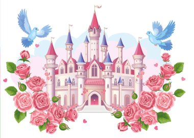 Pembe dizaynlı, peri masalı tarzında harika bir prenses kalesi. Sihirli krallık. Vintage Palace ve gökkuşaklı güzel çiçek çayırı. Harikalar Diyarı. Kız için çocuk çizgi filmi çizimi. Vektör.