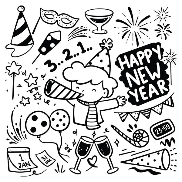 Gelukkig Nieuwjaar Uitnodigingskaart Met Handgetekende Doodle Elementen Vectorillustratie — Stockvector