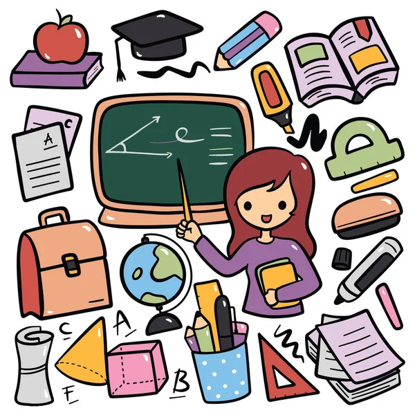 Ikony Školního Vzdělávání Nastaveny Kreslené Ilustrace Chlapce Dívka Učitel Vektorová — Stockový vektor