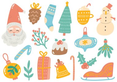 Noel ve Yeni Yıl simgeleri belirlendi, vektör illüstrasyonu