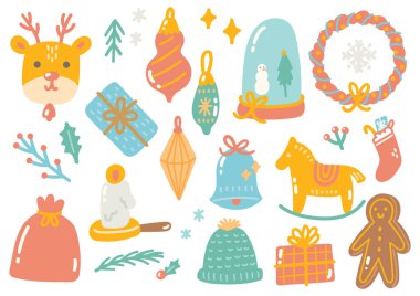 Noel ve Yeni Yıl simgeleri belirlendi, vektör illüstrasyonu