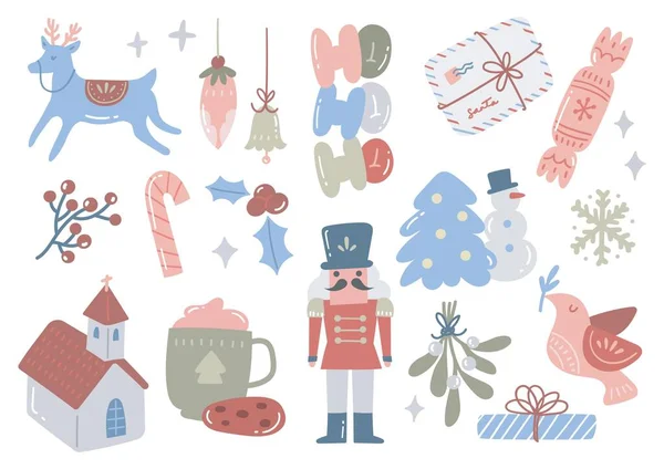 Χαριτωμένο Και Ζεστό Χριστούγεννα Εικονίδια Θέμα Παστέλ Χρώματα — Διανυσματικό Αρχείο