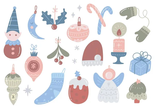 Милые Уютные Иконы Рождественской Тематики Пастельных Тонах — стоковый вектор