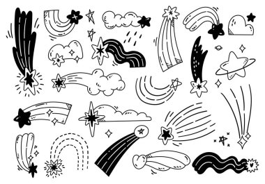 seamless pattern with black and white stars on a white background, doodle style, hand-drawn