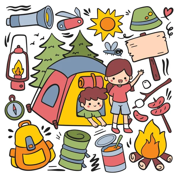 Camping Hiking Camp Travel Adventure Doodle Style Vector — Stockvektor