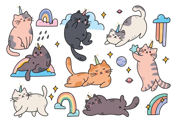 Hand Drawn Cute Cartoon Cat Unicorn Doodle — 图库矢量图片