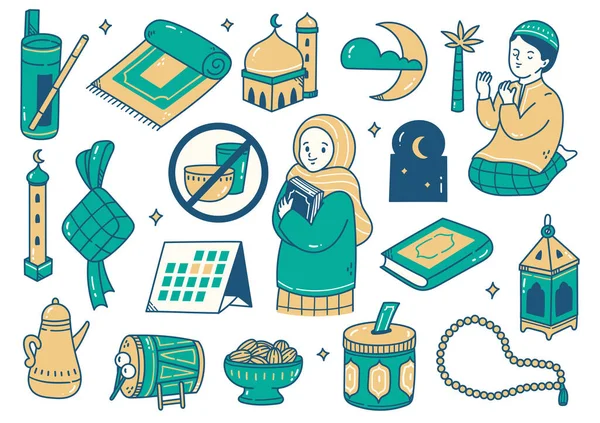 Ramadan Kareem Ilustración Dibujada Arte Esquivar Colorido Con Iconos Establecidos — Archivo Imágenes Vectoriales