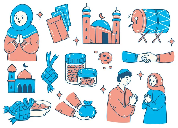 Ramadan Kareem Rajzolt Illusztráció Színes Doddle Művészet Set Ikonok — Stock Vector