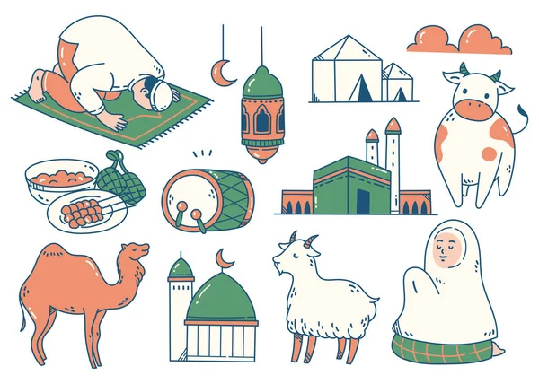 Conjunto Desenhos Animados Desenhados Mão Eid Fitr Doodle —  Vetores de Stock