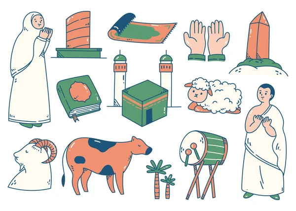Set Cartone Animato Disegnato Mano Eid Fitr Doodle — Vettoriale Stock