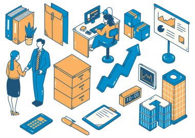 Simgelerle izometrik iş seti. çizgi film illüstrasyonu