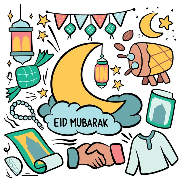 Kézzel Rajzolt Rajzfilm Eid Fitr Doodle Hold Csillagokkal — Stock Vector