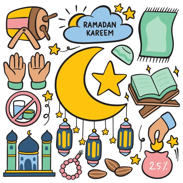Ramadan Kareem Rajzolt Illusztráció Készlet Gyűjtemény Ikonok Hold Csillag — Stock Vector