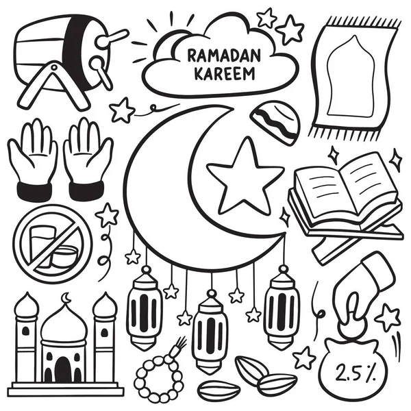 Ramadan Kareem Ritad Illustration Med Uppsättning Samling Ikoner Måne Och — Stock vektor
