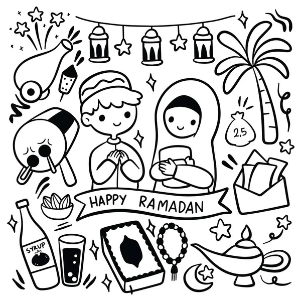 Ramadan Kareem画了插图 可爱的卡通男孩和女孩祈祷 树立了偶像 — 图库矢量图片