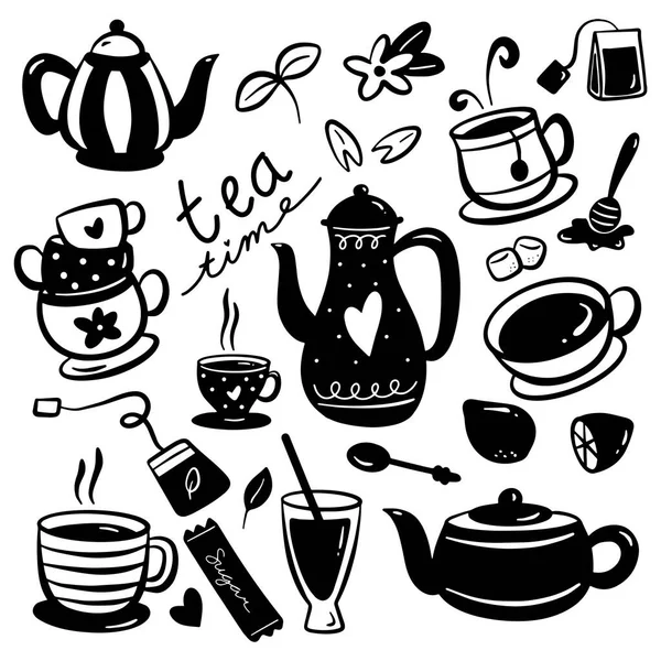 Set Tea Time Doodle Icons Isolated White Background — Stock Vector