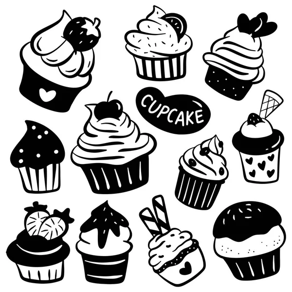 Doodle Inclusief Diverse Cupcakes Zoete Desserts — Stockvector