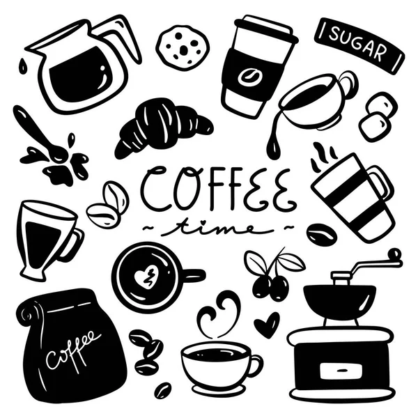 Koffietijd Doodle Inclusief Koffiebekers Desserts — Stockvector
