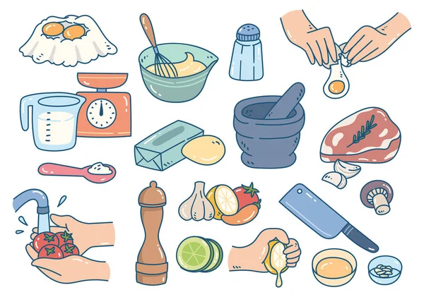 Alimentos Que Preparam Doodle Cozinhar Assar Elementos Desenhados Mão —  Vetores de Stock