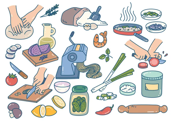 Alimentos Que Preparam Doodle Cozinhar Assar Elementos Desenhados Mão — Vetor de Stock