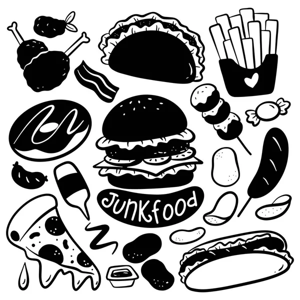 Diverse Junk Food Doodle Silhouetten — Stockvector