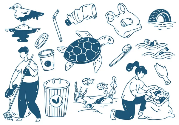 海洋保护概念涂鸦卡通设计元素 — 图库矢量图片