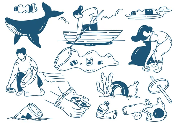 Meeresschutz Konzept Kritzelt Cartoon Design Element — Stockvektor