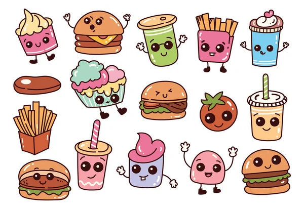 Cartoon Kawaii Voedsel Doodle Vector Illustratie — Stockvector