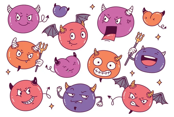 Illustrazione Divertente Set Personaggi Del Diavolo Carino Cartone Animato — Vettoriale Stock