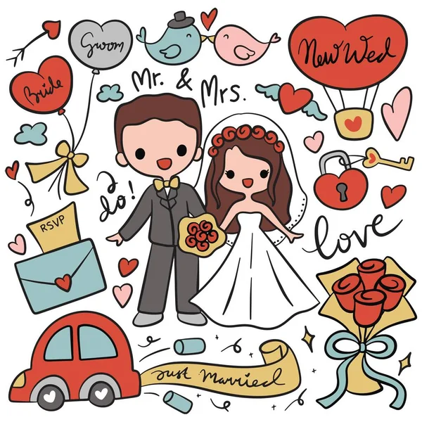 Set Cartoon Wedding Day Doodle — Stock Vector