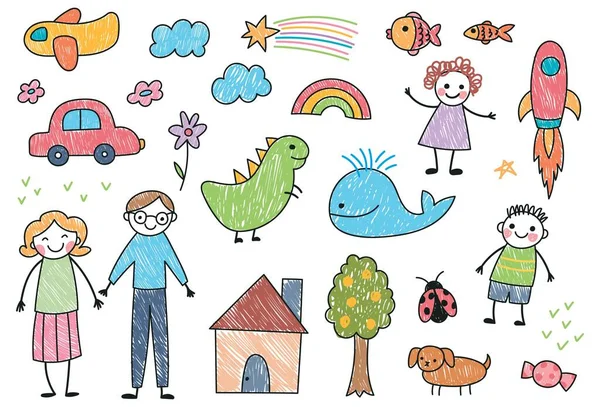 Skizzenhafte Kinderzeichnung Mit Verschiedenen Objekten — Stockvektor