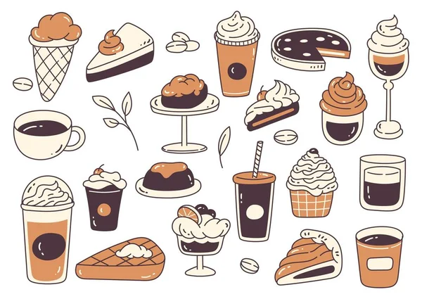 Ilustração Vetorial Conjunto Diferentes Tipos Sobremesas Café —  Vetores de Stock