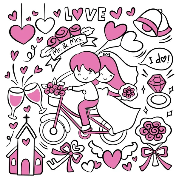 Bisikletli Aşk Çifti Çizimi Düğün Karikatürü — Stok Vektör
