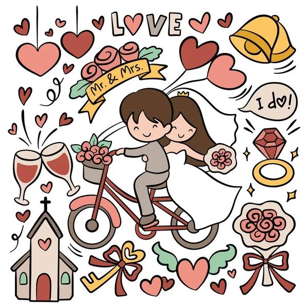 Love Couple Bicycle Hand Drawn Wedding Cartoon Doodle — Stock Vector