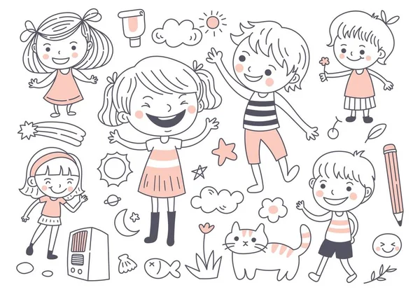 Desenhos Animados Crianças Felizes Elementos Doodle — Vetor de Stock
