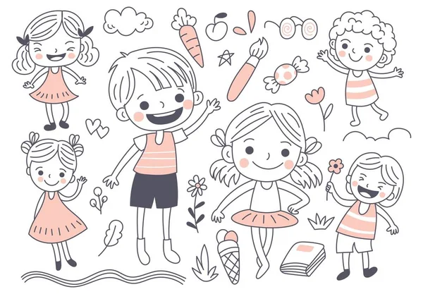 Dessins Animés Enfants Heureux Éléments Doodle — Image vectorielle